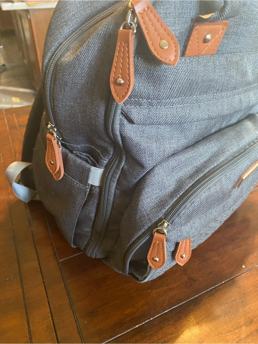 Gray Quilted Canvas Diaper Backpack with Brown Accents